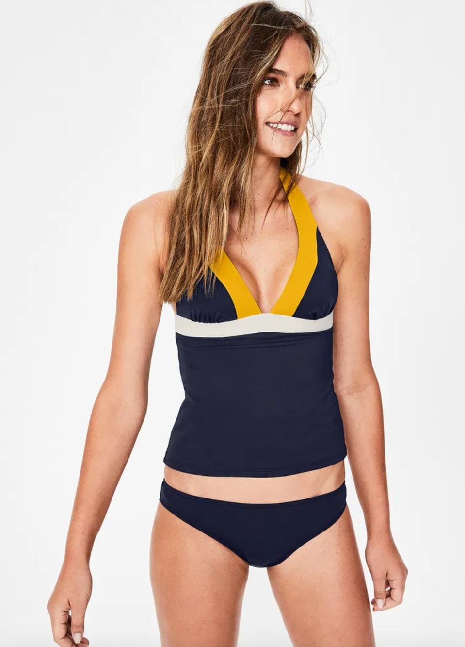 BODEN Formentera Tankini Top halter navy blue yellow trim swimsuit sz US8 UK12